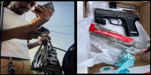 Surveillance photo of defendant holding black plastic bag; Image of firearm