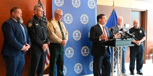 United States Attorney Clay Joyner speaks at FBI press conference in Jackson, Mississippi, regarding FBI's Summer Heat initiative.