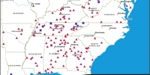 Graphic displaying home health and hospice divestiture locations. Home health and Hospital divestitures listed respectively: Tennessee: 35, 7; Alabama: 24, 1; West Virginia: 11, 2; Georgia: 28, 0; Ohio: 1,0; Louisiana: 0, 1; Missouri: 1,0; Mississippi: 8, 0; Viginia:3, 0; Indiana: 2, 0; Florida: 1, 0; New Jersey: 3, 0; New York: 3, 0; Pennsylvania: 1, 0; Kentucky: 15, 0; Illinois 1, 0; Arkansas: 6, 0; South Carolina: 4, 0; Mayland: 5, 0;  Sources: Esri, TomTom, Garmin, FAO, NOAA, USGS