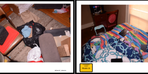 A pair of blue and white checkered boxer shorts and bedding found at Benoit’s residence 