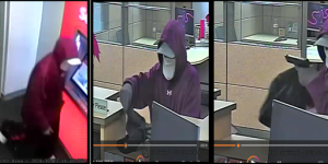 Surveillance still images showing defendant wearing face mask and hoodie robbing bank at gunpoint