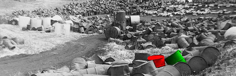 Drums at the Oil Drum Dump Site, 1950s. Image has been digitally enhanced for contrast. Courtesy of NOAA.