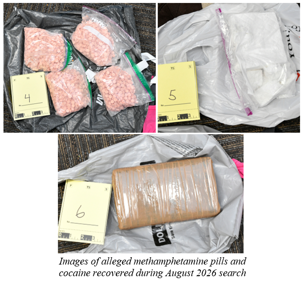 Images of alleged methamphetamine pills and cocaine recovered during August 2026 search