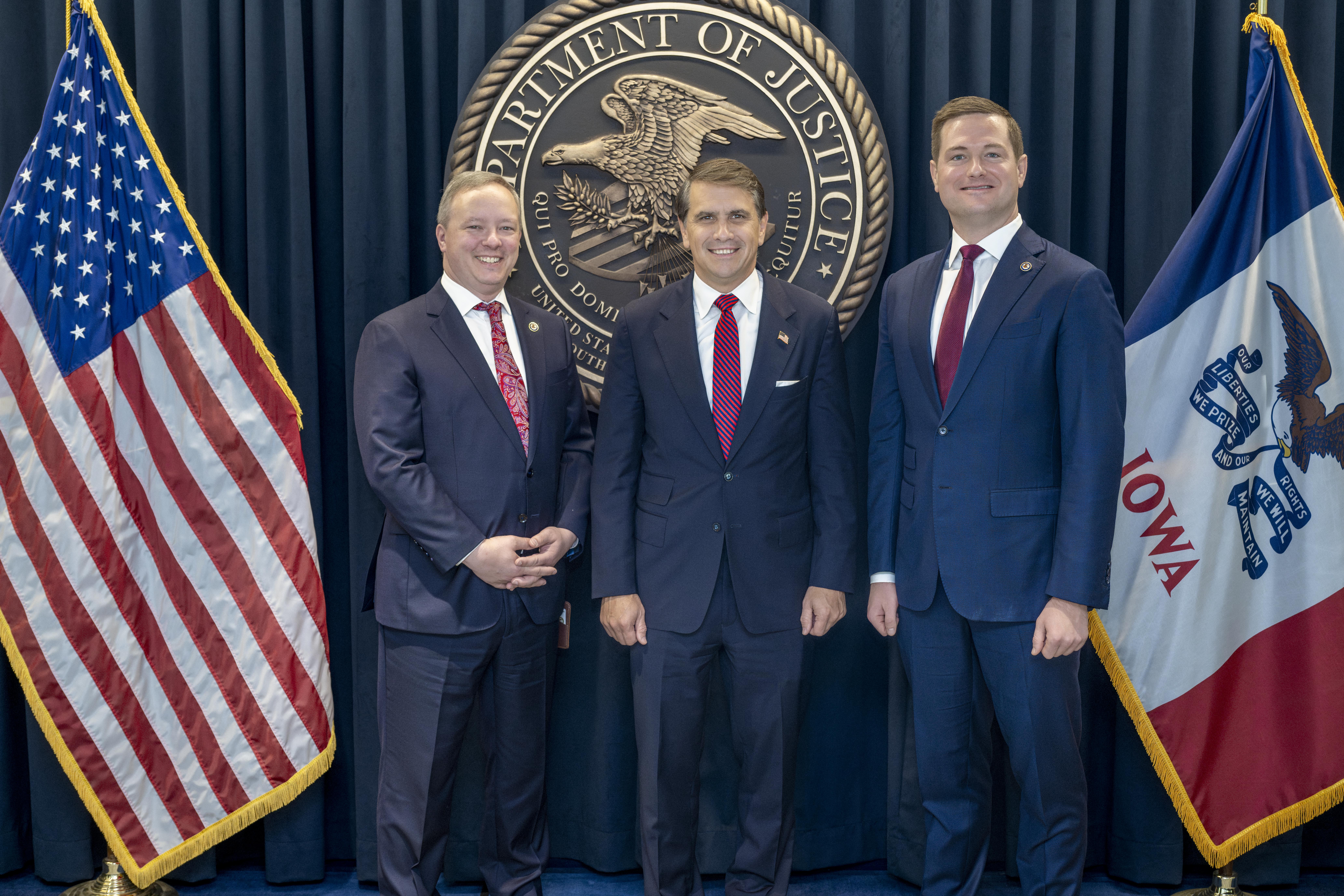 Attorney General Todd Blanche meets with U.S. Attorneys David C. Waterman for the Southern District of Iowa (right) and Leif Olsen for the Northern District of Iowa (left) on August 20, 2026.