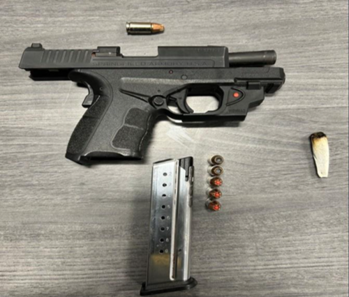 Picture of black gun, ammunition and marijuana cigarette