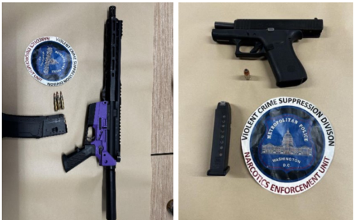 The privately manufactured .22 rifle (left) and the Glock 43x 9mm pistol recovered from the apartment.