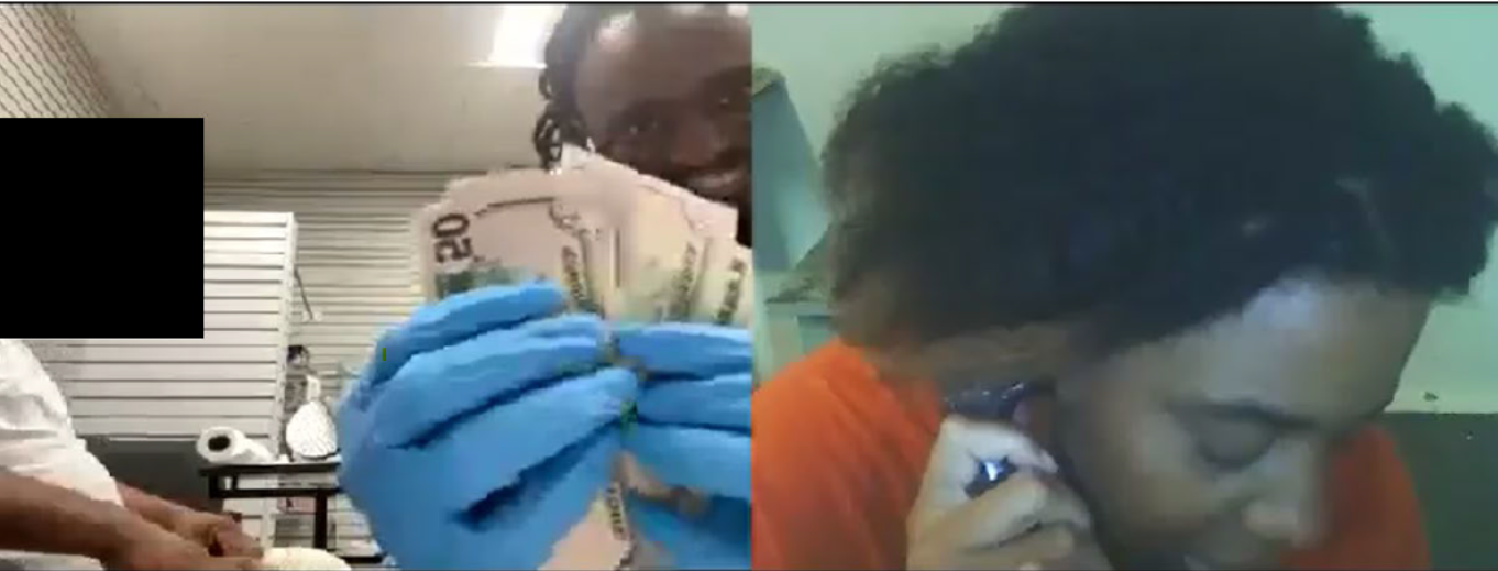 Pino-Copete showing off cash he obtained from a homeless dental client to Jael Watts on a video call while she was incarcerated.