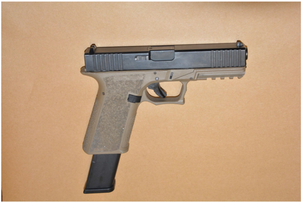 Evidence photo of Marson’s unbranded, non-descript P90 ghost gun.