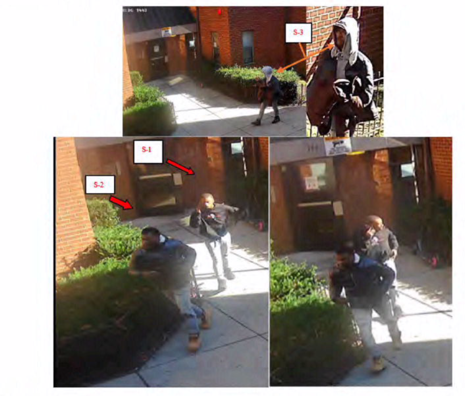 Images of 3 men in front of apartment building