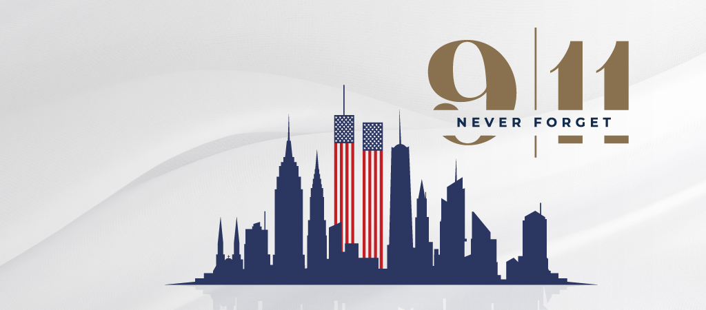 Image of New York Skyline with twin towers and 9/11 Never Forget