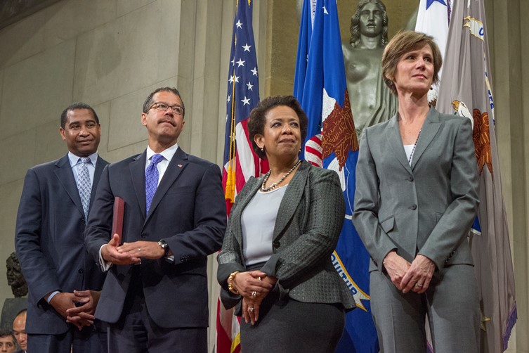 Left to right: U.S. Attorney for the Eastern District of Pennsylvania Zane Memeger, Executive Office for U.S. Attorneys Director Monty Wilkinson, Attorney General Loretta Lynch, and Deputy Attorney General Sally Yates