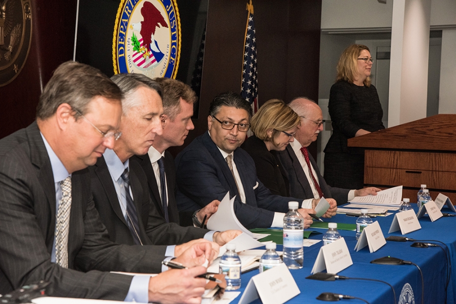 L-R: John Wood; John Taladay; Richard Powers, Deputy Assistant Attorney General; Makan Delrahim, Assistant Attorney General; Lindsey Vaala; Hon. Douglas Ginsburg; Ann O'Brien, Asst. Chief, Competition Policy and Advocacy Section