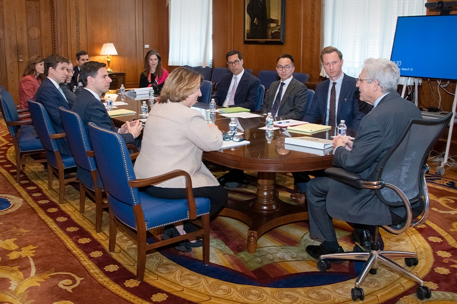 Attorney General Merrick B. Garland addresses members of the Kleptocapture Task Force in the Attorney General’s conference room at the Department of Justice