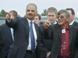 Attorney General Holder and President John Yellow Bird Steele of the Oglala Sioux Tribe at the Wounded Knee overlook.