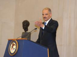 Attorney General Eric Holder discusses the many accomplishments of 2012 Sherman Award recipient James F. Rill.