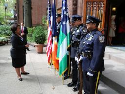 Attorney General Loretta E. Lynch talks with members of the New York Police Department at the First Presbyterian Church of Bro