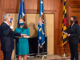 Vice President Kamala Harris ceremonially swore in Merrick Garland as the 86th Attorney General of the United States in the Attorney General's conference room at RFK Main Justice.
