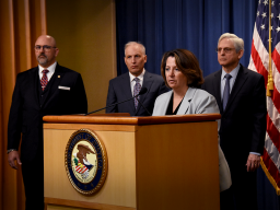 Deputy Attorney General Lisa O. Monaco speaks at a podium. On her left is Assistant Attorney General Matthew Olsen, and to the right is the Attorney General Merrick B. Garland.
