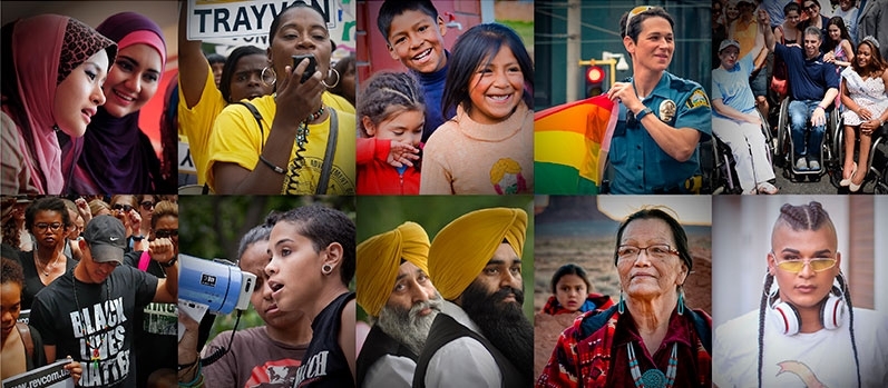 Collage showing different stakeholder groups with whom CRS works 1. Three young Muslim women, 2. Protesters at a rally in support of Trayvon Martin, 3. Native American children, 4. Two female police officers walking with a rainbow flag during a Pride parade, 5. Individuals in wheelchairs at the NYC Disability Pride Parade, 6. Activists at a rally against alleged police brutality, 7. A woman speaks into a megaphone, 8. Two Sikh men with yellow Dastaars, 9. Native American woman, 10. Portrait of a mixed-race transgender person.
