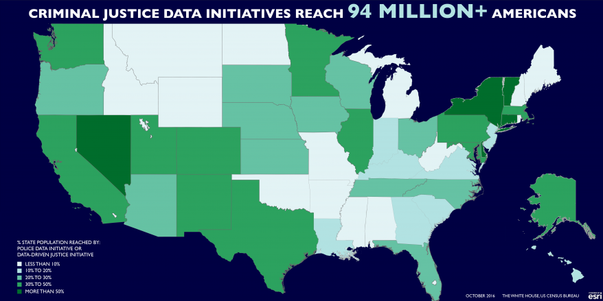 "Criminal Justice Data Initiatives Reach 94+ Million + Americans". A U.S. map is presented with the Percent State Population reached by the Police Data Initiative or Data-Driven Justice Initiative.  The higher percentage of states include Nevada, New Yort, Vermont, and Connecticut.  Overall the map is meant to demonstrate reach across the country.