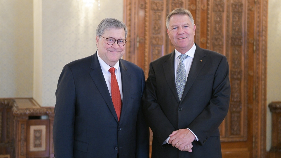 Attorney General Barr with Romanian President Klaus Iohannis Attorney General Barr with Romanian President Klaus Iohannis