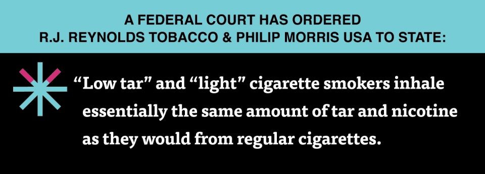  “’Low tar’ and ‘light’ cigarette smokers inhale essentially the same amount of tar and nicotine as they would from regular cigarettes.”