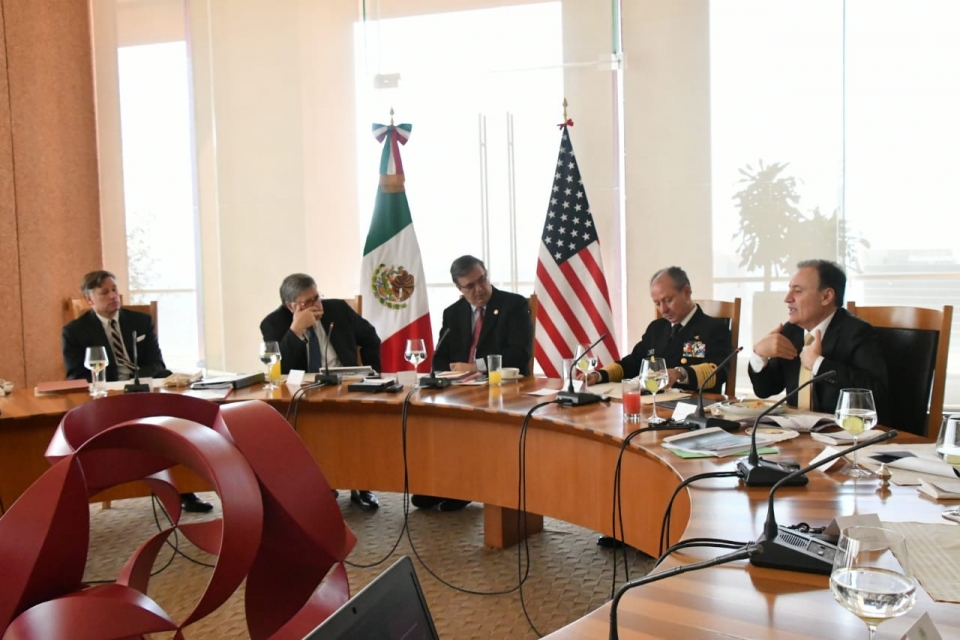 US Ambassador Landau, Attorney General Barr, Foreign Minister Marcelo Ebrard Casaubon, Secretary of the Navy Admiral Jose Rafael Ojeda Duran and Security Minister Alfonso Durazo Montaño