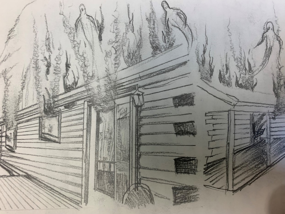 Drawing by Roger Keeling of victim's home in flames. 