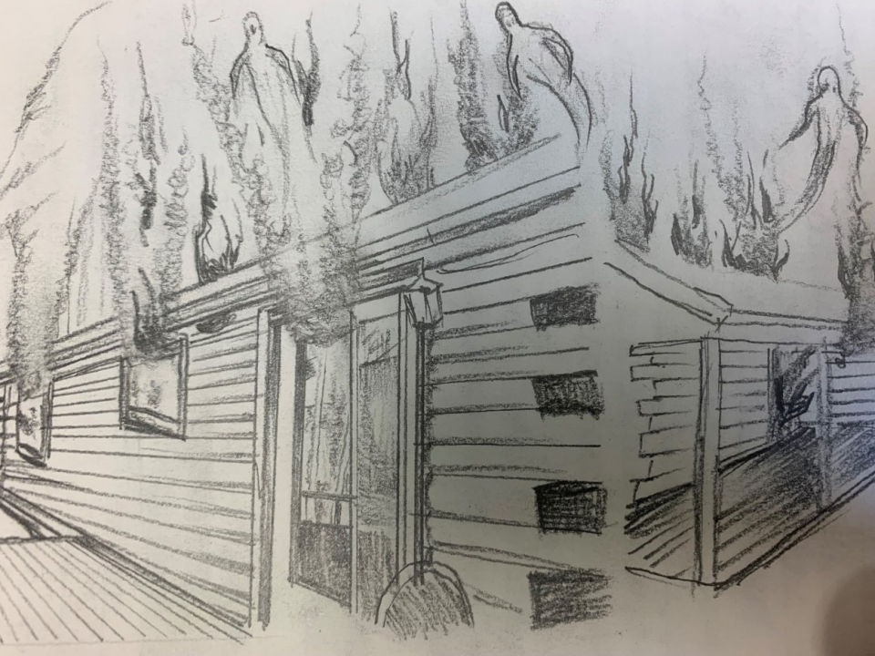 Drawing by Roger Keeling of victim's home in flames. Drawing by Roger Keeling of victim's home in flames.