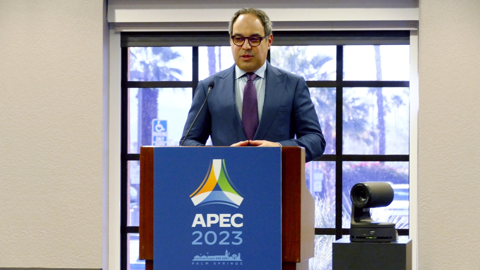Assistant Attorney General Jonathan Kanter of the Antitrust Division delivers remarks at the APEC Competition Advocacy Workshop Assistant Attorney General Jonathan Kanter of the Antitrust Division stands at a podium, delivering remarks at APEC conference.
