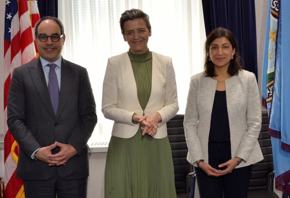 DOJ Assistant Attorney General Kanter (left), European Commission Executive VP Vestager (middle), and FTC Chair Khan (right) meet for TCPD. DOJ Assistant Attorney General Kanter (left), European Commission Executive VP Vestager (middle), and FTC Chair Khan (right) meet for TCPD.