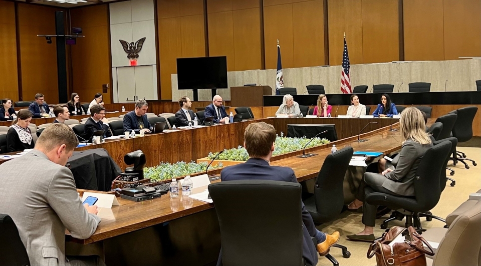 Associate Attorney General Vanita Gupta speaks with representatives from the European Parliament, U.S. Department of State and White House Gender Policy Council.