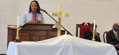 Assistant Attorney General Kristen Clarke speaks at the Sunday Morning Worship Service hosted by Brown Chapel African Methodist Episcopal Church.