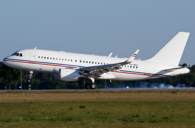 The side profile of a large airplane taking off