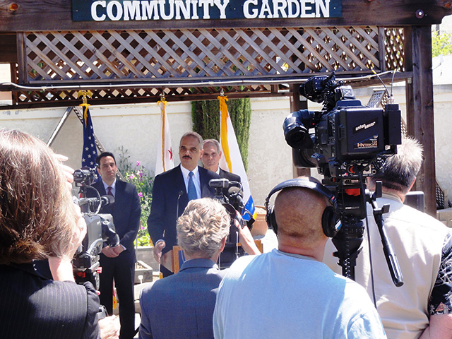 Attorney General Holder discusses the San Jose Model with the press with Mayor Chuck Reed and Santa Clara County District Attorney Jeff Rosen