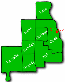 Un mapa de los condados de Illinois cubiertos por la oficina de Chicago.  Los condados incluyen Lake, Kane, DuPage, Cook, Kendall, Will, La Salle and Grunde
