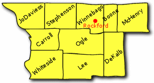 Un mapa de los condados de Illinois cubiertos por la oficina de Rockford.  Los condados incluyen JoDaviess, Stephenson, Winnebago, Boone, McHenry, Carroll, Ogle, DeKalb, Whiteside and Lee