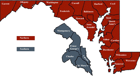 Map of Maryland showing north and south geographic divisions as described in text